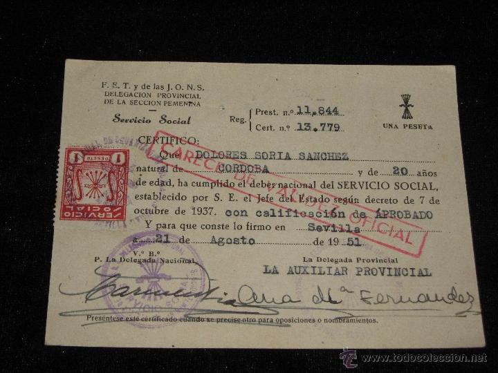 Documentos antiguos: CERTIFICADO DE CUMPLIMIENTO DEL SERVICIO SOCIAL - A&Ntilde;O 1951