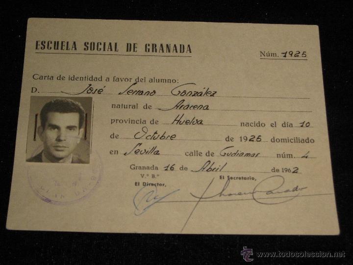 Old Documents: CARTA DE IDENTIDAD DE LA ESCUELA SOCIAL DE GRANADA - A&Ntilde;O 1962