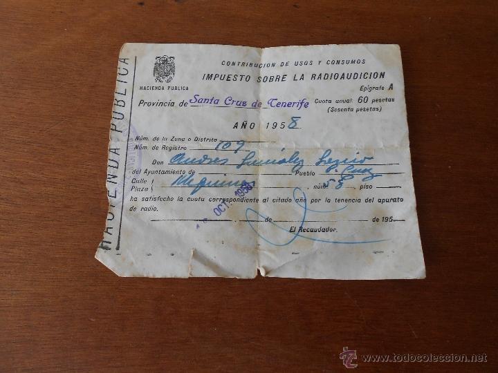 Documentos antiguos: DOCUMENTO: IMPUESTO SOBRE LA RADIOAUDICI&Oacute;N 1958 HACIENDA P&Uacute;BLICA FRANCO