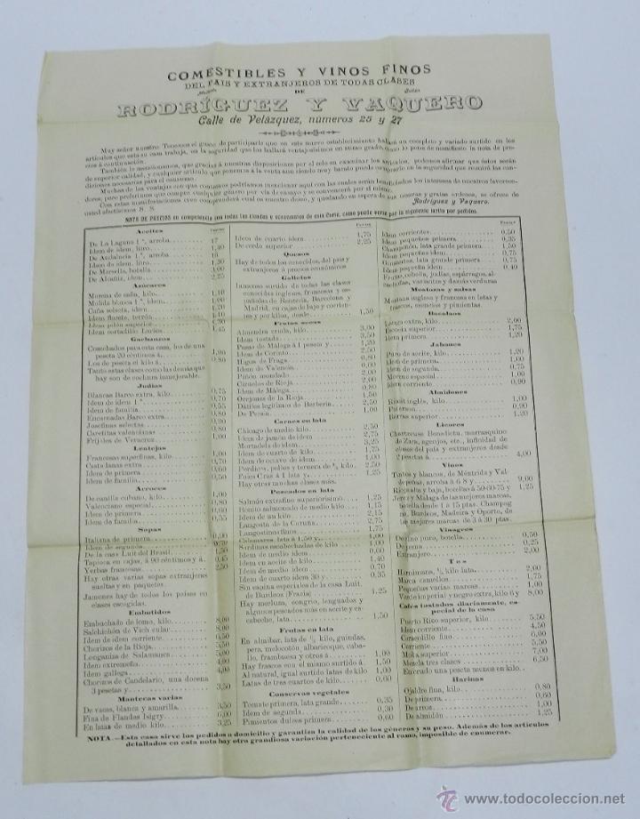 Documentos antiguos: LISTA DE PRECIOS DE COMESTIBLES Y VINOS FINOS DE RODRIGUEZ Y VAQUERO, CALLE VELAZQUEZ, MADRID - 43,5