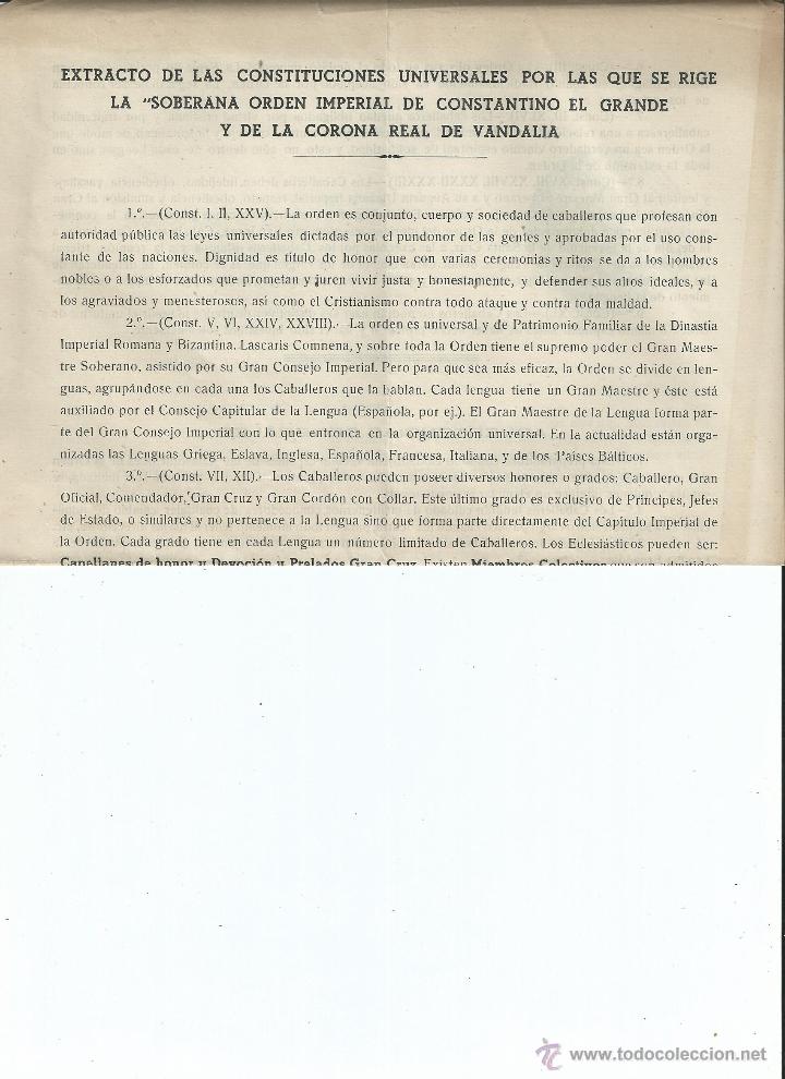 Old Documents: SOBERANA ORDEN IMPERIAL DE CONSTANTINO EL GRANDE Y DE LA CORONA REAL DE VANDALIA