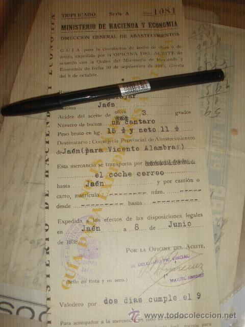 Documentos antiguos: DIRECCION GENERAL DE ABASTECIMIENTOS. GUIA DE ACEITE DE OLIVA 1938, GUERRA CIVIL.
