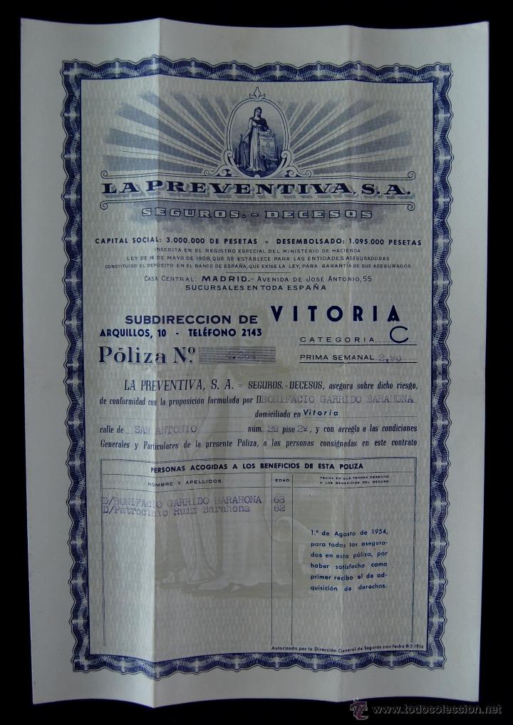 Documentos antiguos: SEGURO DE LA PREVENTIVA. SEGUROS - DECESOS. SUBDIRECCION DE VITORIA. A&Ntilde;O 1954.