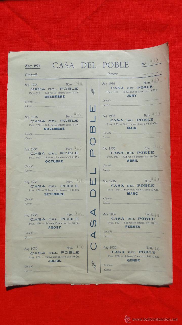 Documentos antiguos: Casa del poble, hoja con 12 cupones entierro civil, n&ordm; 940 a&ntilde;o 1936