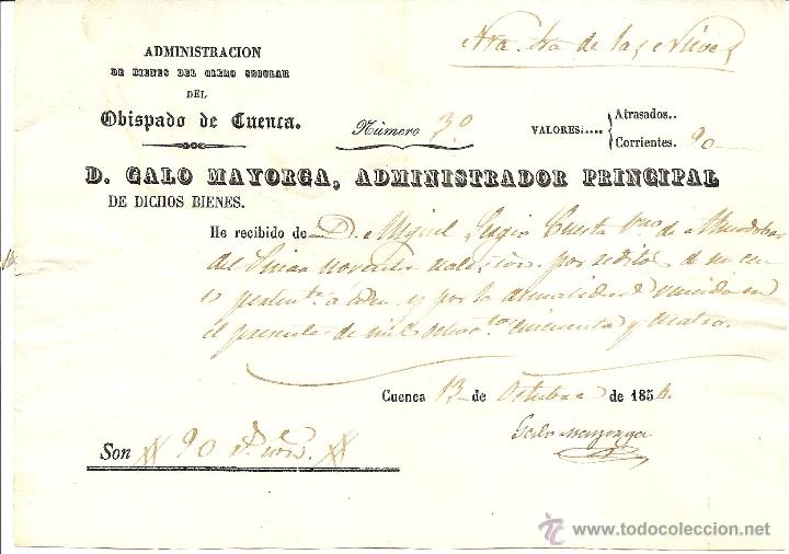 Documentos antiguos: CUENCA - RECIBO ADMINISTRACI&Oacute;N DE BIENES DEL CLERO SECULAR OBISPADO DE CUENCA A&Ntilde;O 1854 - Foto 1