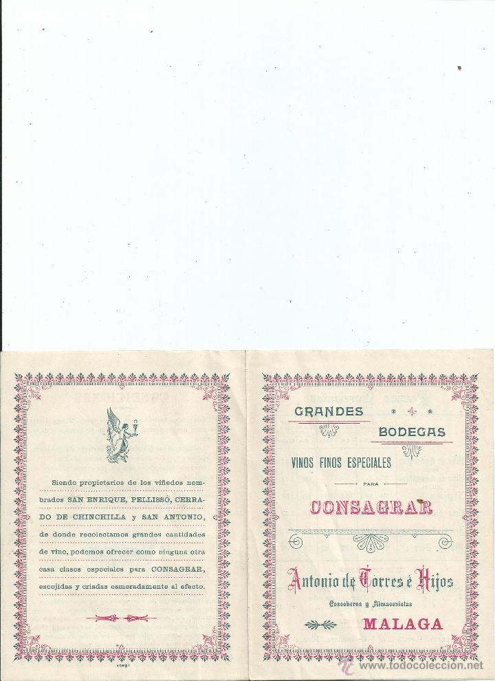 Documentos antiguos: VINOS FINOS ESPECIALES PARA CONSAGRAR ANTONIO DE TORRES E HIJOS MALAGA 1905