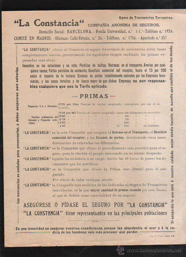 Documentos antiguos: TARIFA DE PRIMAS DE COMPA&Ntilde;IA ANONIMA DE SEGUROS LA CONSTANCIA. - Foto 1