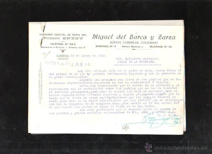 Documentos antiguos: MIGUEL DEL BARCO Y ZARZA. LLERENA, BADAJOZ. PRODUCTO ENERY. CARTA COMERCIAL.
