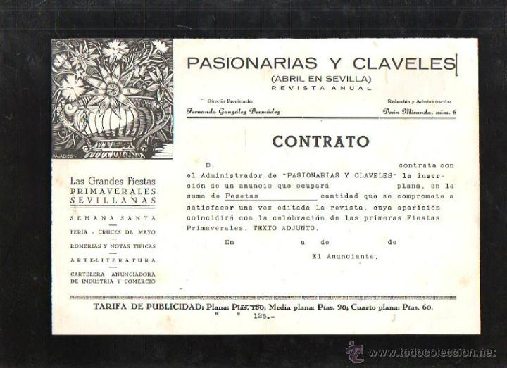 Documentos antiguos: PASIONARIAS Y CLAVELES. PUBLICIDAD. FIESTA SEVILLANA. SEMANA SANTA. FERIA. CRUCES DE MAYO. CONTRATO.
