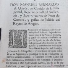 Documentos antiguos: DOCUMENTO IMPRESO ZARAGOZA 16 NOV. 1765 MANUEL BERNARDO DE QUIROS SOBRE PENAS, MULTAS, ETC. 5 FOLIOS. Lote 42881235
