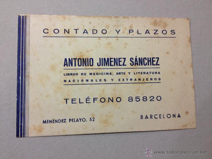 Documenti antichi: Antigua Tarjeta Comercial curiosa .Anotaci&oacute;n mecanografiada en dorso. Antonio Jimenez Sanchez BCN
