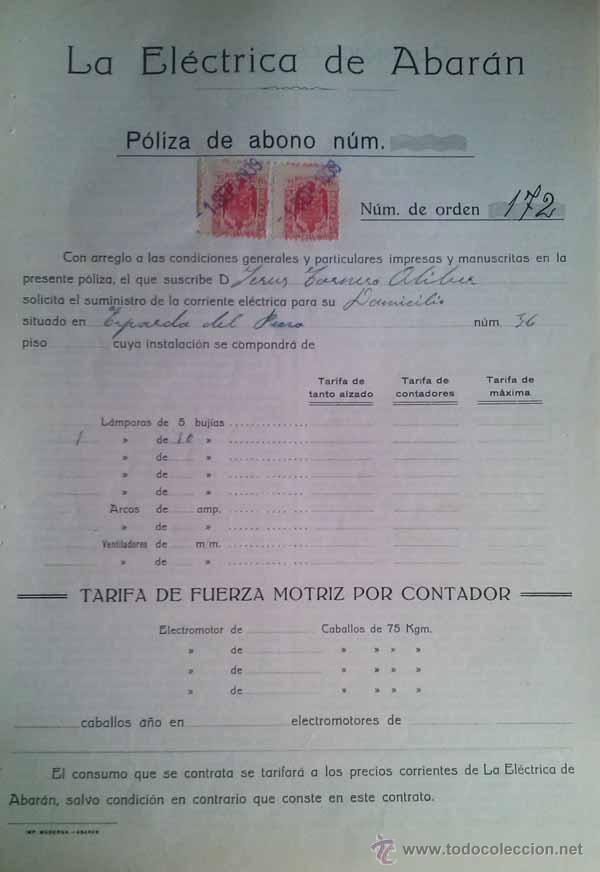 Documenti antichi: CONTRATO DE LA ELECTRICA DE ABARAN DEL A&Ntilde;O 1939 A NOMBRE DE JESUS TORNERO OLIVER MURCIA