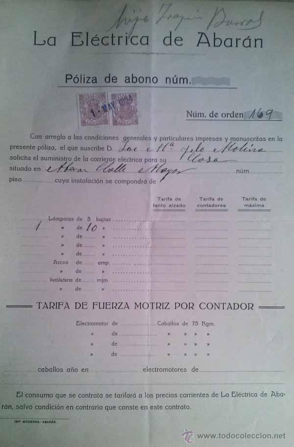 Documenti antichi: CONTRATO DE LA ELECTRICA DE ABARAN DEL A&Ntilde;O 1924 A NOMBRE DE JOSE MARIA YELO MOLINA MURCIA