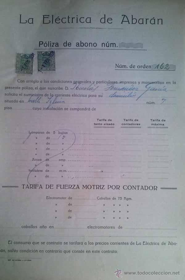 Documenti antichi: CONTRATO DE LA ELECTRICA DE ABARAN DEL A&Ntilde;O 1934 A NOMBRE DE NICOLAS FERNANDEZ GARCIA MURCIA
