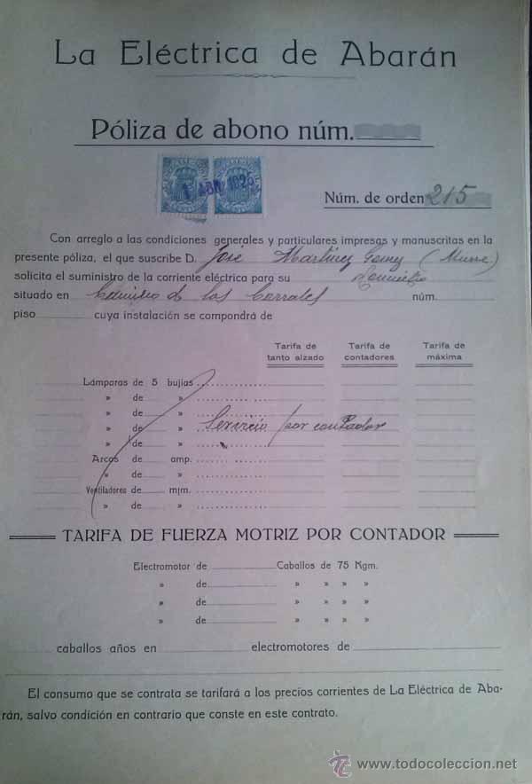 Documenti antichi: CONTRATO DE LA ELECTRICA DE ABARAN DEL A&Ntilde;O 1925 A NOMBRE DE JOSE MARTINEZ GOMEZ MURCIA