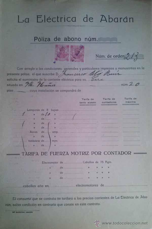 Documentos antiguos: CONTRATO DE LA ELECTRICA DE ABARAN DEL A&Ntilde;O 1939 A NOMBRE DE FRANCISCO ATO RUIZ MURCIA