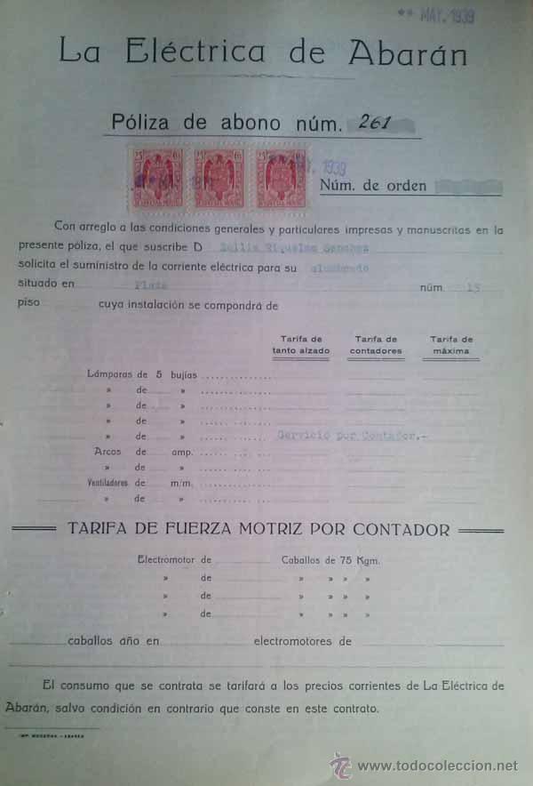 Documentos antiguos: CONTRATO DE LA ELECTRICA DE ABARAN DEL A&Ntilde;O 1939 A NOMBRE DE EMILIA RIQUELME SANCHEZ MURCIA