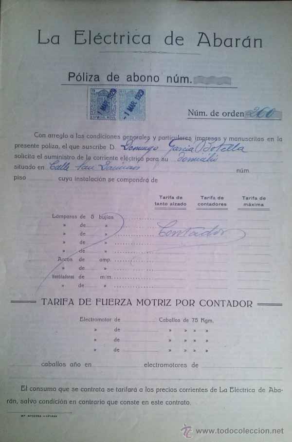 Documentos antiguos: CONTRATO DE LA ELECTRICA DE ABARAN DEL A&Ntilde;O 1929 A NOMBRE DE DOMINGO GARCIA BOTELLA MURCIA