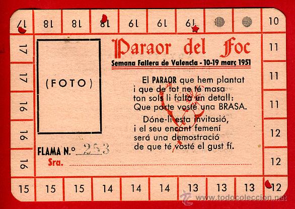 Documentos antiguos: CARNET PASE  , FALLAS DE VALENCIA , PARADOR DEL FOC 1951 , ORIGINAL