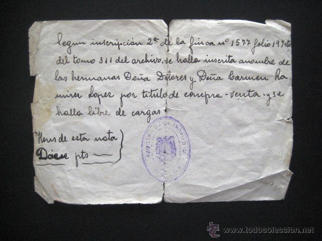 Documentos antiguos: DOCUMENTO LIBRE DE CARGAS. REGISTRO M&Aacute;LAGA. MANUSCRITO POSGUERRA.. .
