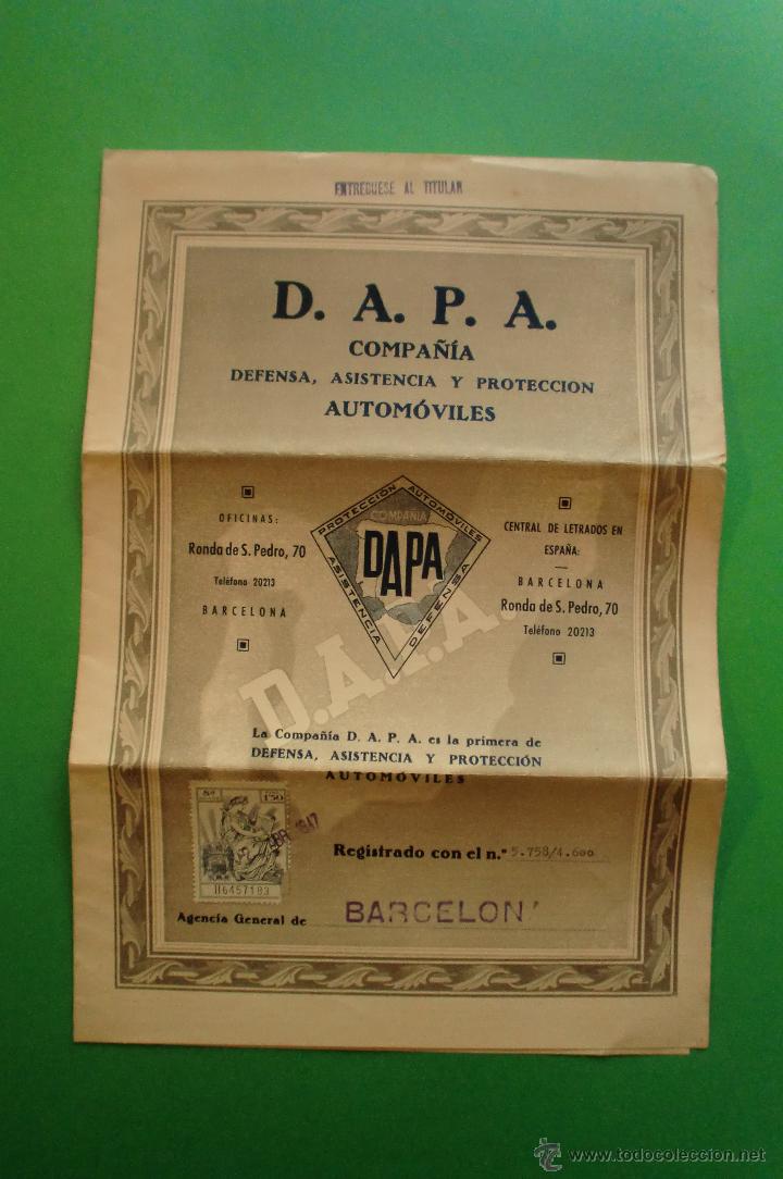 Documentos antiguos: D.A.P.A. POLIZA DE AUTOMOVILES 1947 - Foto 1