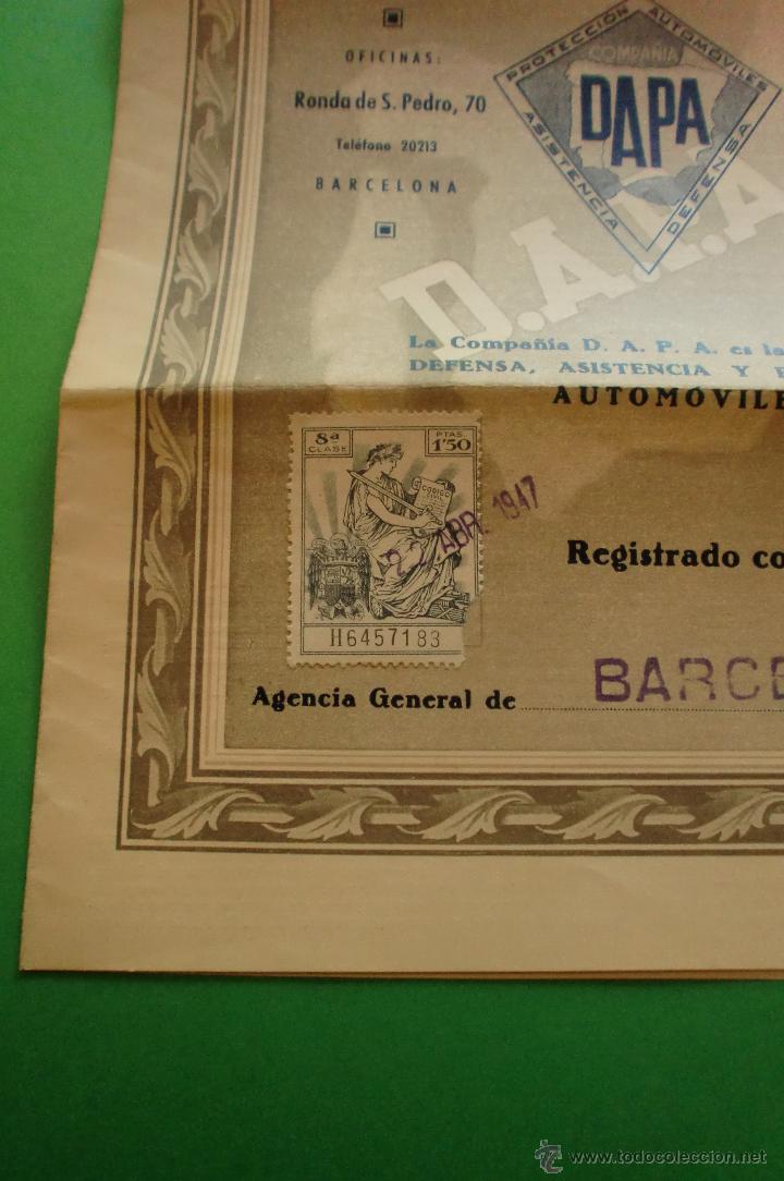 Documentos antiguos: D.A.P.A. POLIZA DE AUTOMOVILES 1947 - Foto 2