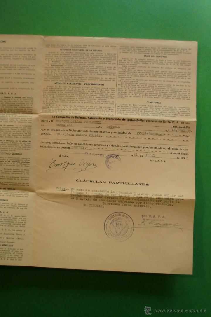Documentos antiguos: D.A.P.A. POLIZA DE AUTOMOVILES 1947 - Foto 3