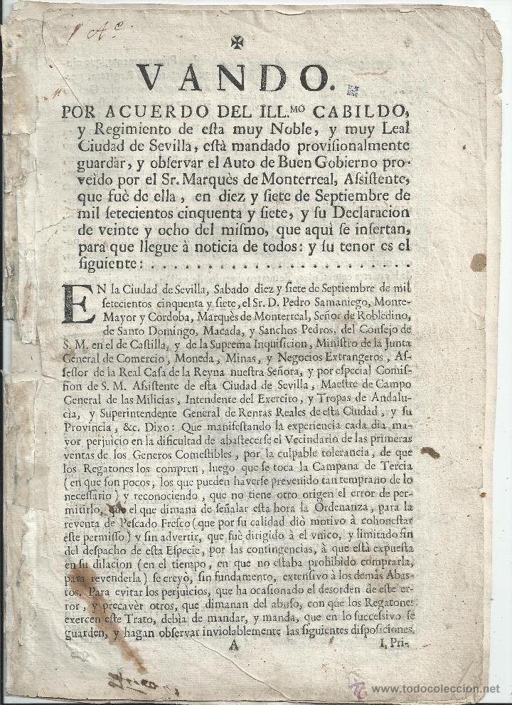 Documentos antiguos: BANDO - SEVILLA - 1766 - COMERCIO - REGATONES ABASTOS FRUTAS VERDURAS