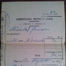 Documentos antiguos: ARBITRIOS MUNICIPALES DE PESAS Y MEDIDAS DE HERVAS CACERES 1935. Lote 43738986