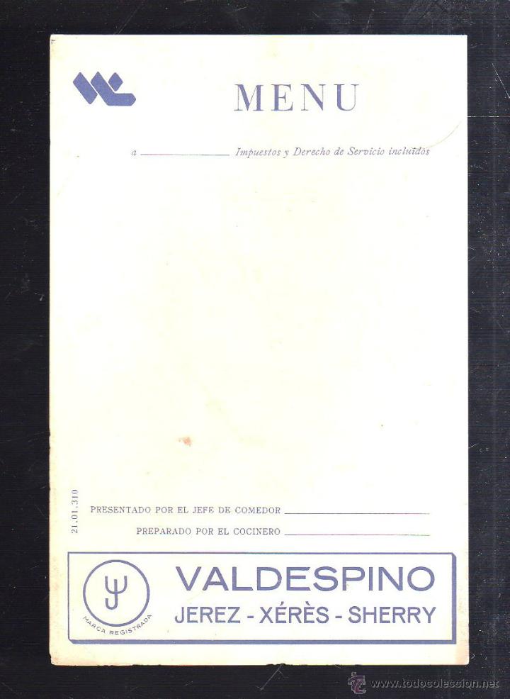 Documentos antiguos: HOJA DE MENU DE VALDESPINO. JEREZ. SIN ESCRIBIR - Foto 1