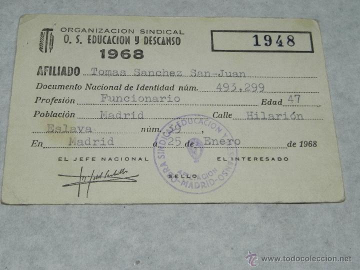 Alte Dokumente: CARNET ORGANIZACION SINDICAL, O.S. EDUCACION Y DESCANSO, 1968