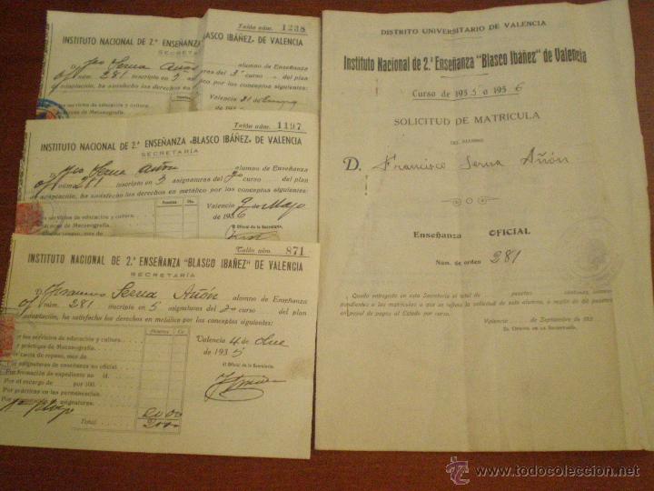 Old Documents: 1934 VALENCIA. SOLICITUD DE MATRICULA INSTITUTO BLASCO IBA&Ntilde;EZ Y 3 RECIBOS