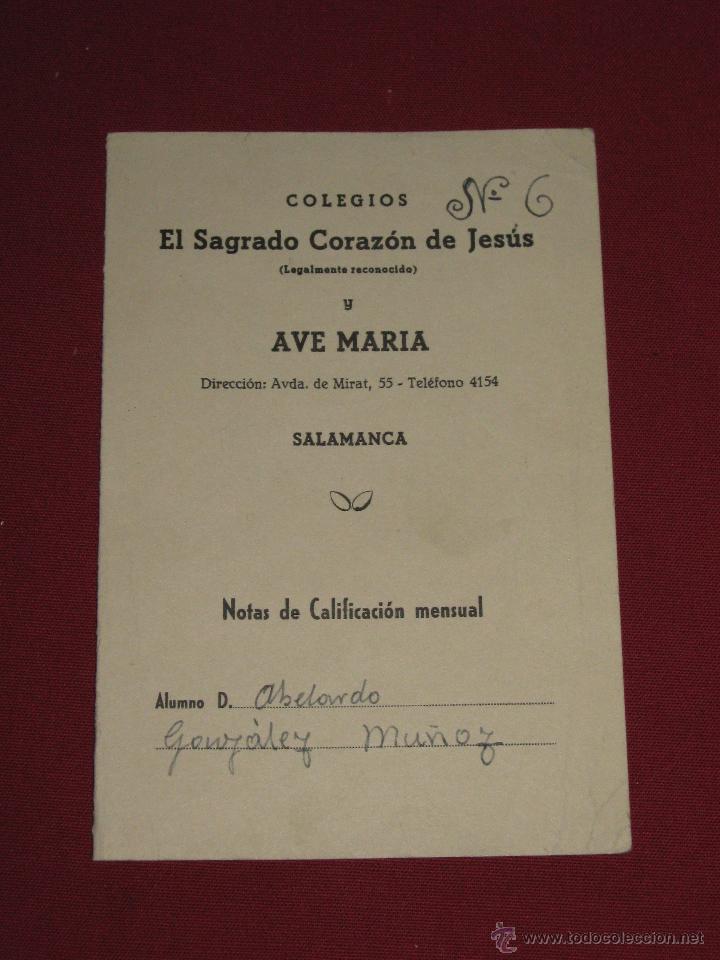 Documentos antiguos: BOLETIN DE NOTAS DE CALIFICACION MENSUAL DE LOS A&Ntilde;OS 50 - COLEGIO SAGRADO CORAZON JESUS - SALAMANCA