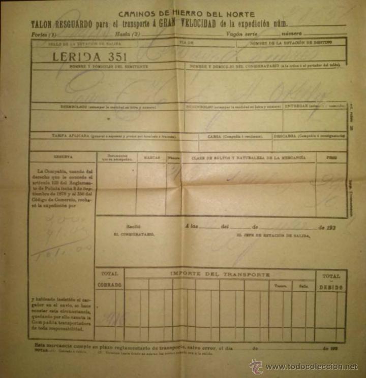 Documentos antiguos: CAMINOS DE HIERRO DEL NORTE RESGUARDO TRANSPORTE A GRAN VELOCIDAD DE LLEIDA A LONDRES 1922