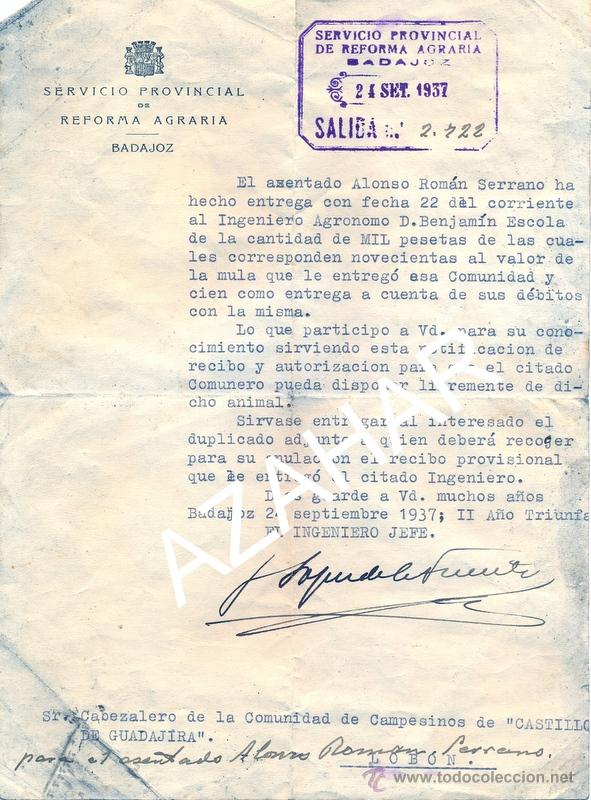 Old Documents: BADAJOZ, 1937, DOCUMENTO VENTA DE UN MULO,COMUNIDAD CAMPESINOS CASTILLO GUADAJIRA