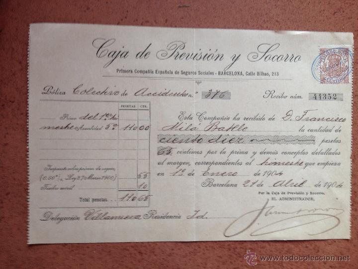 Alte Dokumente: Antiguo RECIBO Caja de Previsi&oacute;n y Socorro - Barcelona. A&ntilde;o 1904. Con sello de cargo