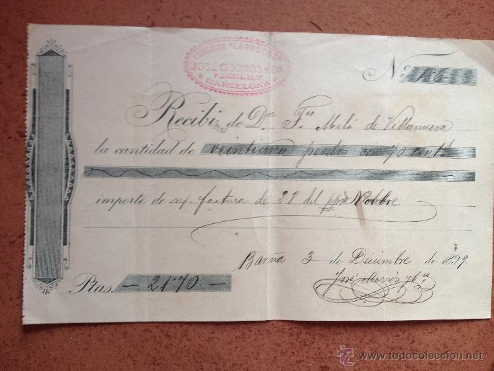 Documentos antigos: Antiguo RECIBO - Emulsine Larroche. Jos&eacute; Morr&oacute;s y Cia - Barcelona. A&ntilde;o 1899