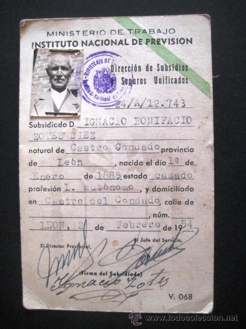 Documentos antiguos: INSTITUTO NACIONAL DE PREVISI&Oacute;N. CARN&Eacute; 1954...