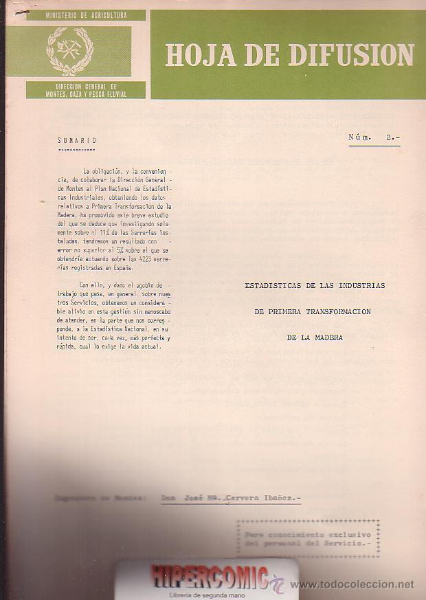 Documentos antiguos: HOJA DE DIFUSION, ESTADISTICAS DE LAS INDUSTRIAS DE PRIMERA TRANSFORMACION DE LA MADERA -a&ntilde;os 60