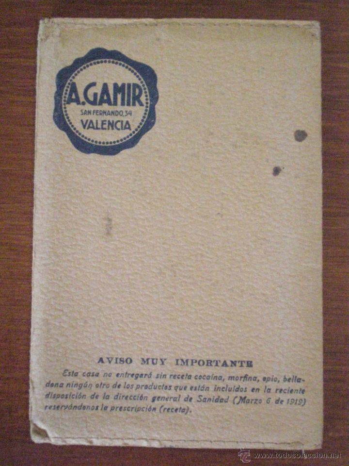 Old Documents: CARTERILLA FARMACIA A. GAMIR, CALLE SAN FERNANDO 34, VALENCIA. MEDICAMENTOS PUROS. A&Ntilde;OS 20