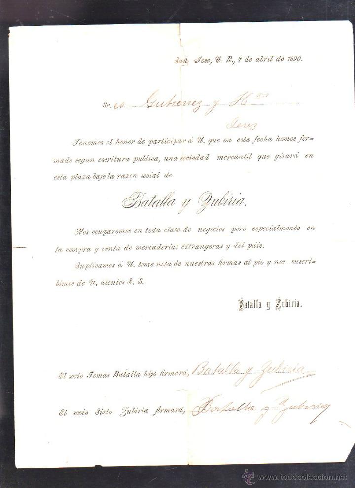 Alte Dokumente: CIRCULAR. CREACION DE SOCIEDAD. BATALLA Y  ZUBIRIA. SAN JOSE, COSTA RICA. 1890