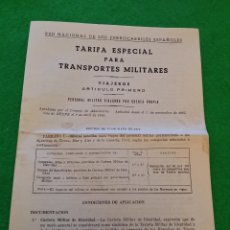 Documentos antiguos: TARIFA ESPECIAL PARA TRANSPORTES MILITARES DE RENFE AÑOS 60. Lote 44375662