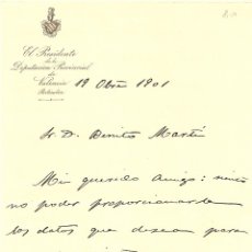 Documentos antiguos: VALENCIA - CARTA MEMBRETE EL PRESIDENTE DE LA DIPUTACIÓN PROVINCIAL DE VALENCIA PARTICULAR AÑO 1901
