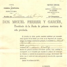 Documentos antiguos: GRAÑENA DE LAS GARRIGAS (LÉRIDA) JUNTA DE PRIMERA ENSEÑANZA - PRESUPUESTO PAGO MAESTRO 1871