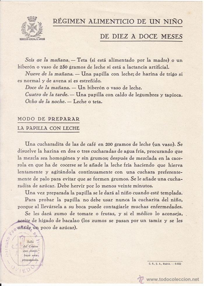 Documentos antiguos: CURIOSO PAPEL DETALLANDO EL R&Eacute;GIMEN ALIMENTICIO DE UN NI&Ntilde;O. OVIEDO. PUERICULTURA. MEDICINA