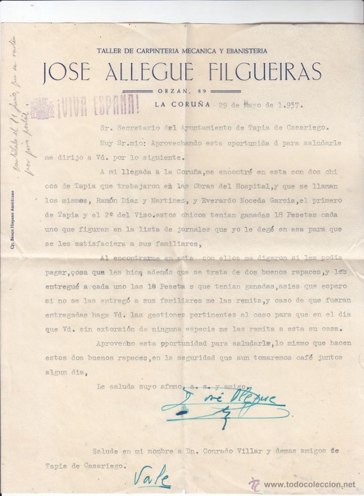 Old Documents: GUERRA CIVIL. 1937. CORU&Ntilde;A. 2 CARTAS Y UN SOBRE. NATURALES DE TAPIA (ASTURIAS). VER FOTOS.