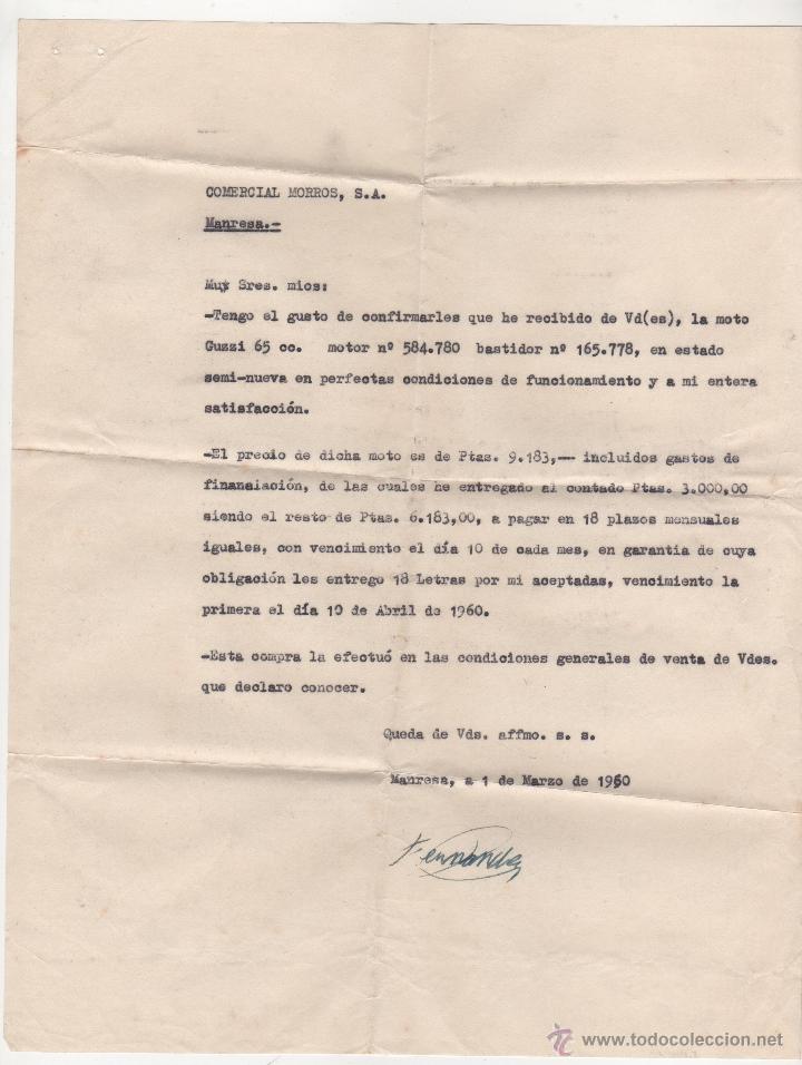 Documentos antiguos: carta de comercial morros manresa moto guzzi 65 cc