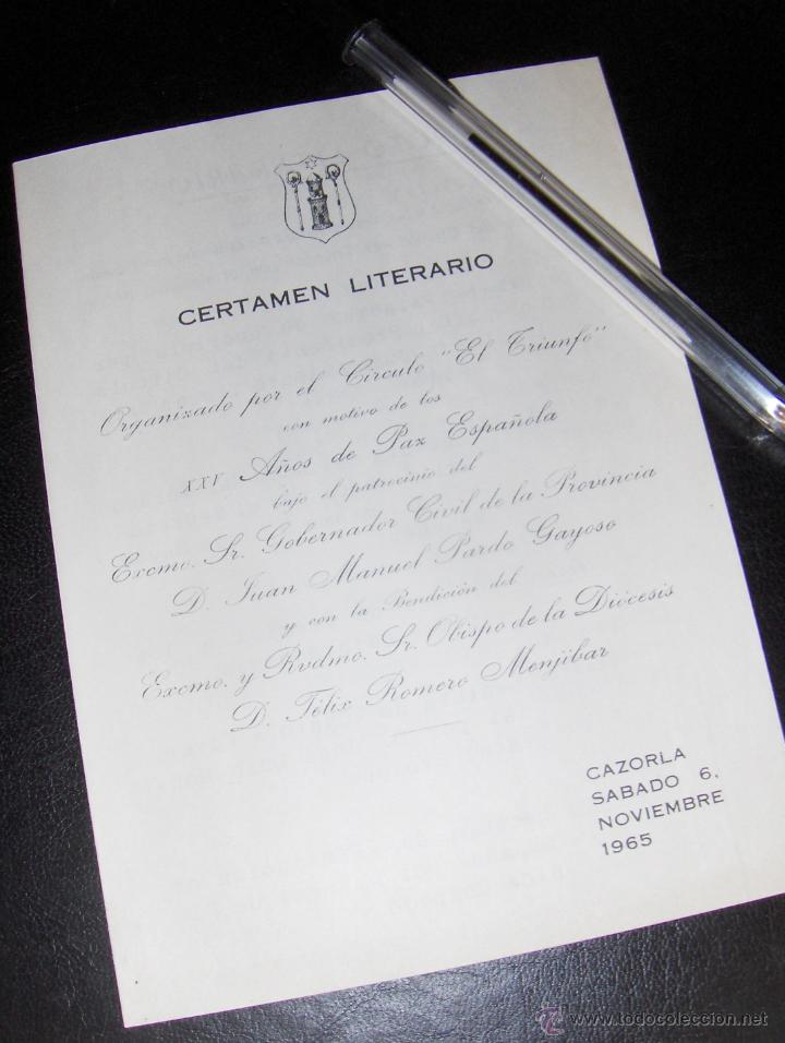 Documentos antiguos: CIRCULO CULTURAL Y DE RECREO EL TRIUNFO, DIPTICO DE CERTAMEN LITERARIO. JAEN, CAZORLA 1965.