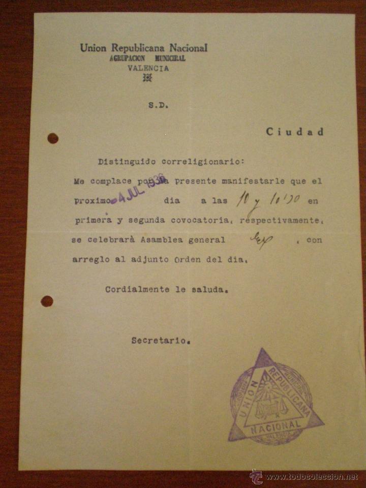 Old Documents: 4 JULIO 1936 VALENCIA. DOCUMENTO CONVOCATORIA UNION REPUBLICANA NACIONAL. REPUBLICA