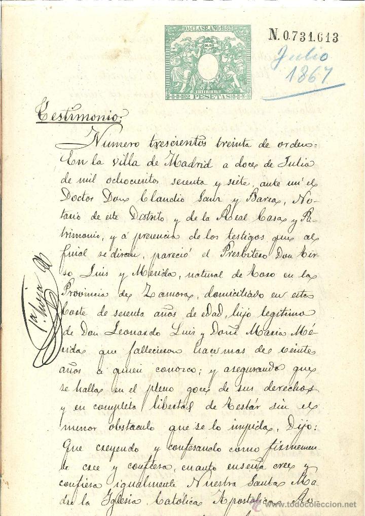 Documentos antiguos: TESTIMONIO NOTARIAL DE D. TIRSO LUIS MERIDA 1885. - Foto 1